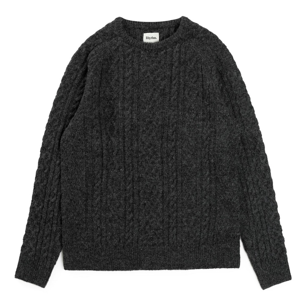 Rhythm Sweater Mens Large Grey Fisherman Cable Knit Chunky Rib Aran Wool Crew